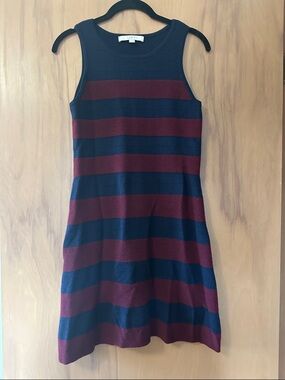 LOFT Navy and Burgundy Striped Sleeveless Knit Mini Dress